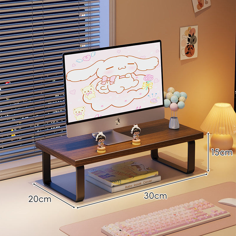 Low-Profile Wooden Monitor Riser with Metal Legs and Under-Shelf Storage
