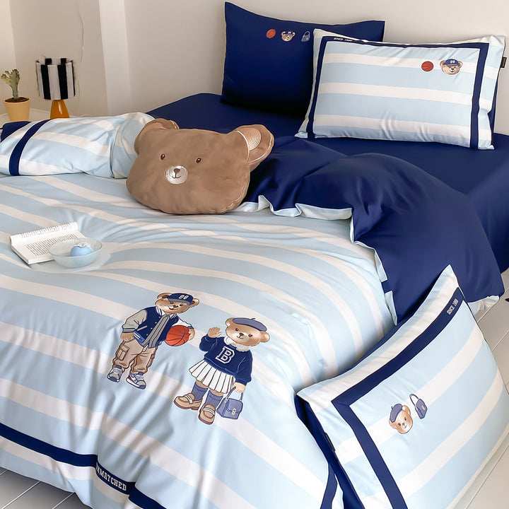 Striped Cotton-Sateen Duvet Cover Set with Embroidered Crest & Reversible Border