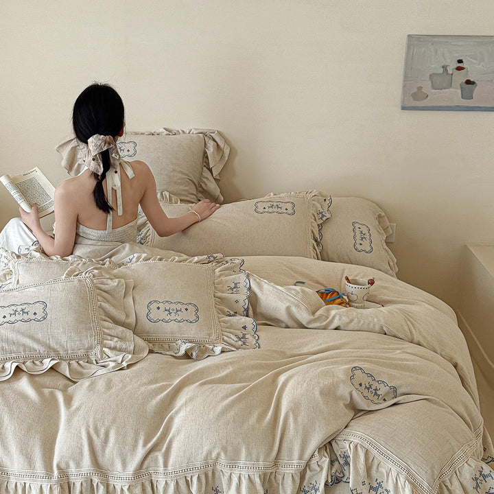 Vintage-Inspired Hand-Embroidered Scalloped Linen Duvet Cover Set with Crocheted Trim and Ruffled Pillow Shams