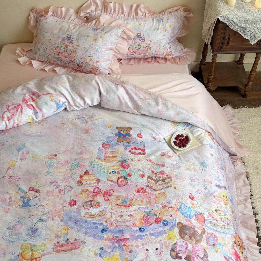 Ruffled Illustrated Duvet Cover Set with Decorative Frilled Shams