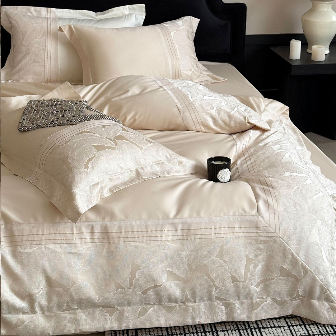 Luxury Satin Jacquard Floral Duvet Cover Set with Pleated Bed Skirt