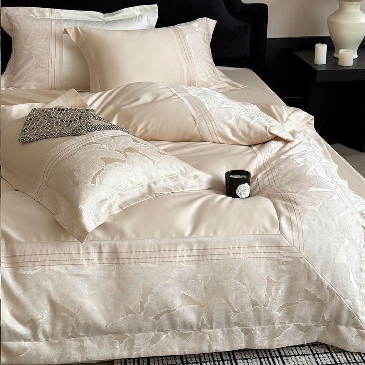 Luxury Satin Jacquard Floral Duvet Cover Set with Pleated Bed Skirt