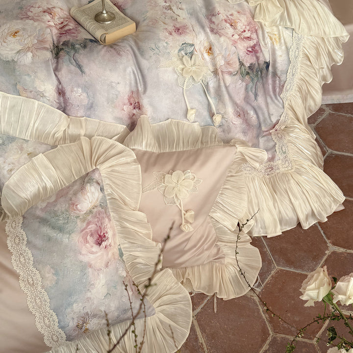 Floral Watercolor Sateen Ruffled Duvet Cover Set with Lace Trim and Pleated Bed Skirt