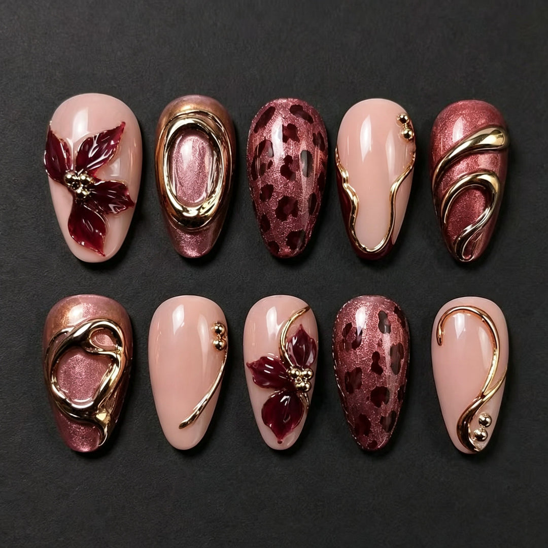 Floral-Embellished Press-On Nail Art Set with Gold Accents Stornfield