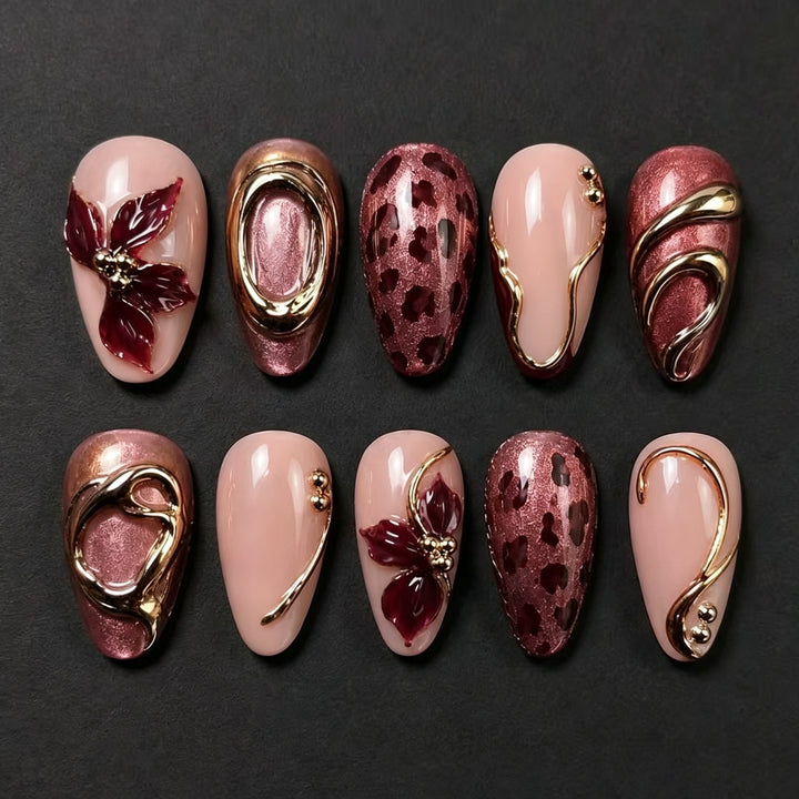 Floral-Embellished Press-On Nail Art Set with Gold Accents Stornfield