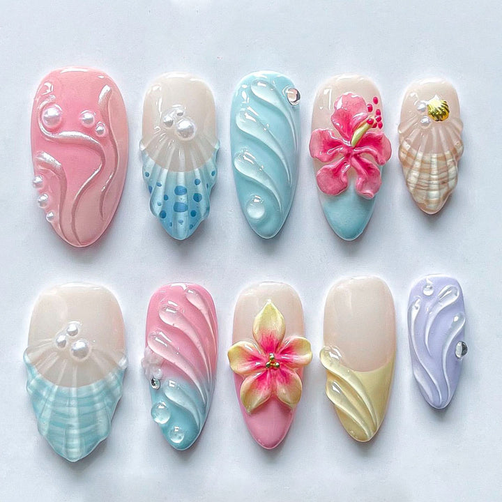 Decorative 3D Floral and Shell Press-On Nail Art Stornfield