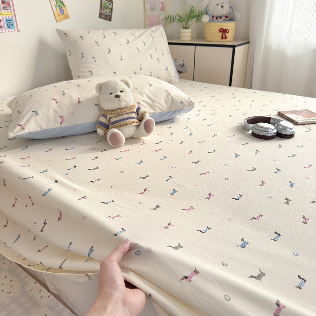 Bow-Print Cotton Sateen Fitted Sheet Set with Pillowcases
