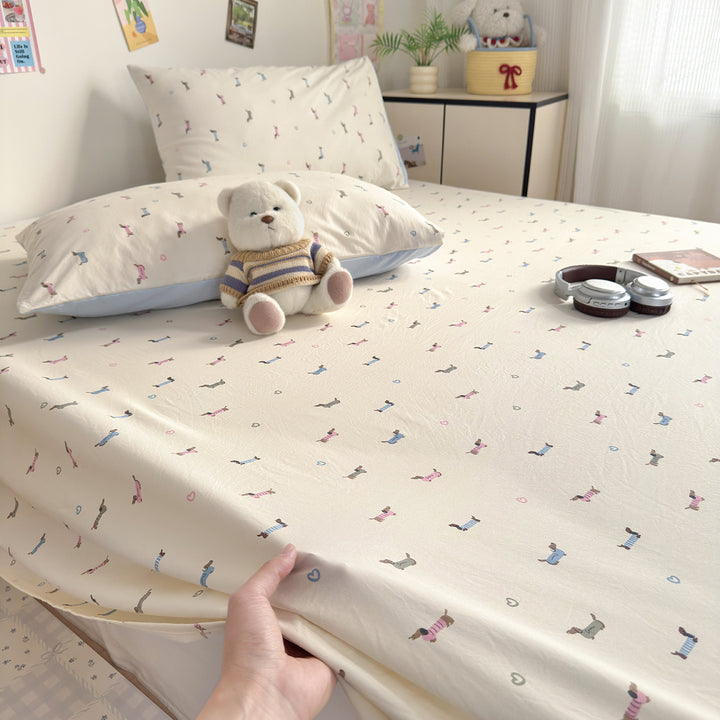 Bow-Print Cotton Sateen Fitted Sheet Set with Pillowcases