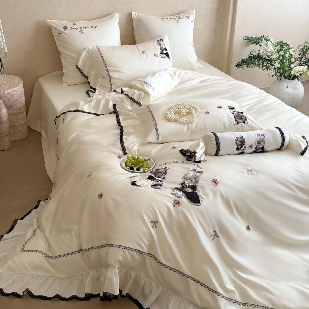 Embroidered Ruffled Satin-Feel Duvet Cover Set with Animal Appliqué & Decorative Bolster