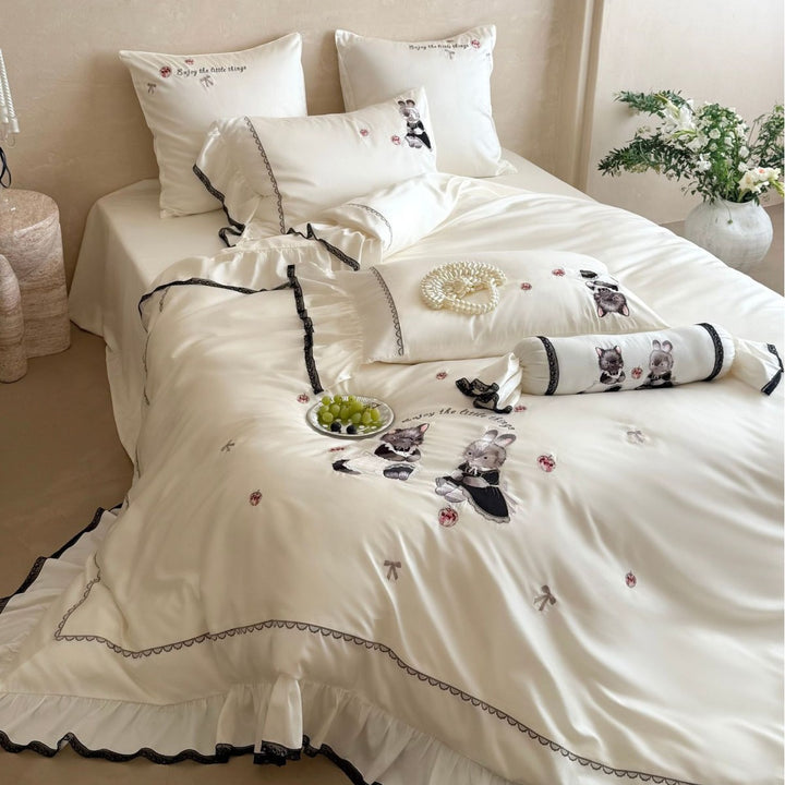 Embroidered Ruffled Satin-Feel Duvet Cover Set with Animal Appliqué & Decorative Bolster