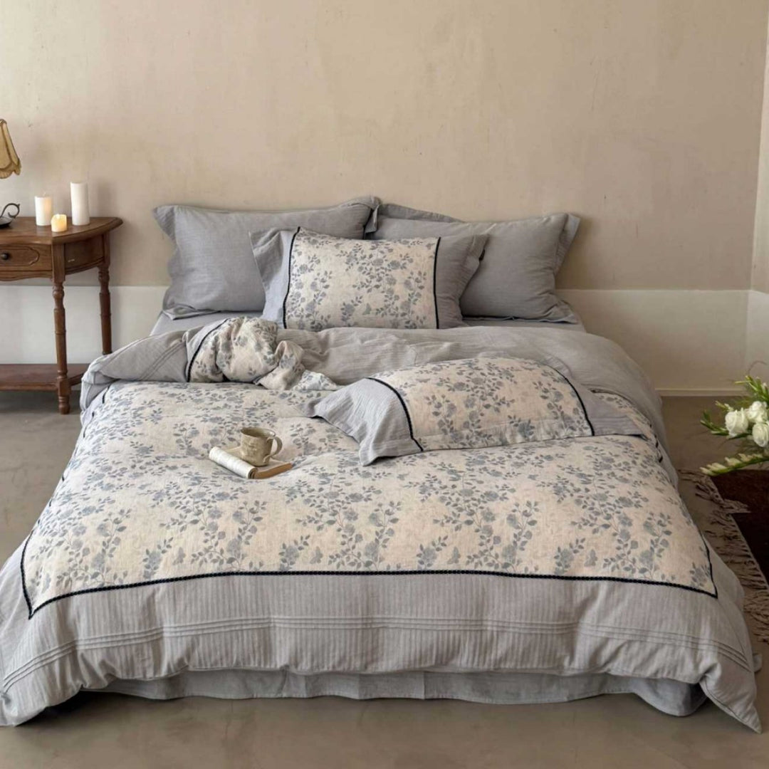 Floral Washed-Linen Cotton Blend Duvet Cover Set with Quilted Top and Piped Shams