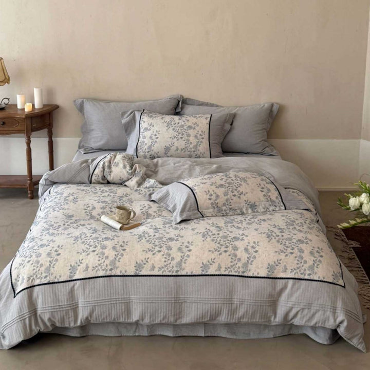Floral Washed-Linen Cotton Blend Duvet Cover Set with Quilted Top and Piped Shams