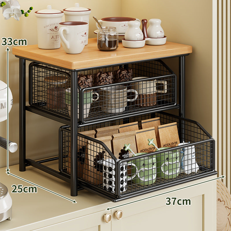 Sliding Mesh Cabinet Basket with Wood-Top Counter Riser