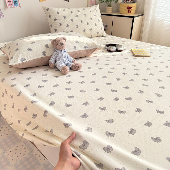 Bow-Print Cotton Sateen Fitted Sheet Set with Pillowcases