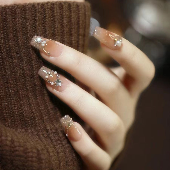 Elegant Decorative Press-On Nail Art Set with Gemstone Accents Stornfield