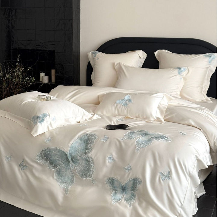 Elegant satin bed linen set with tonal butterfly embroidery