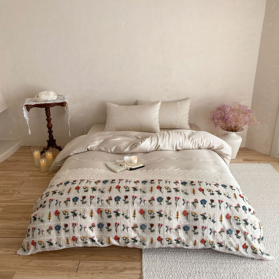 Botanical Embroidered Cotton-Sateen Reversible Duvet Cover