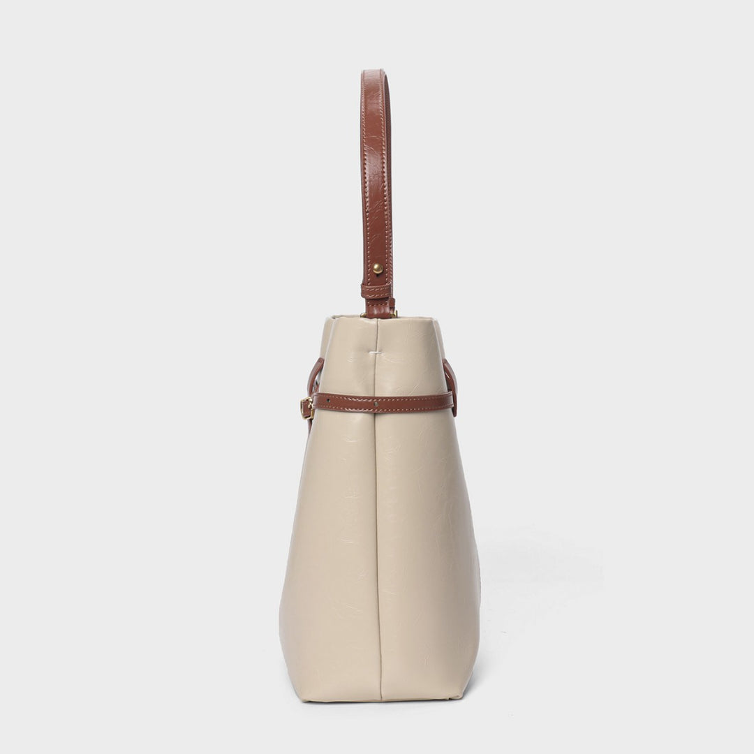 Structured Leather-Look Belted Bucket Tote Shoulder Bag