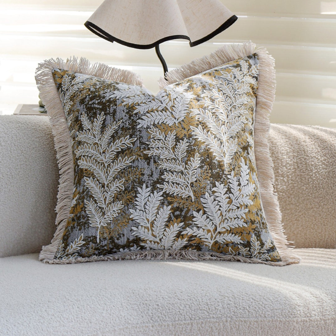 Decorative velvet cushion cover with embroidered fern jacquard and fringed edge Stornfield