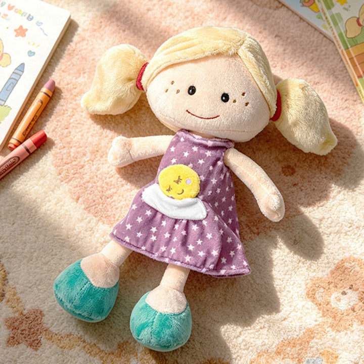 Soft Plush Doll with Embroidered Face, Star-Pattern Dress and Cuddly Pigtails Stornfield