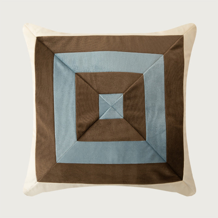 Square decorative cushion with striped velvet inlay and geometric pleated look
