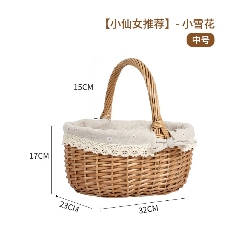 Women's braided basket with checkered fabric insert and decorative lace embellishment Stornfield