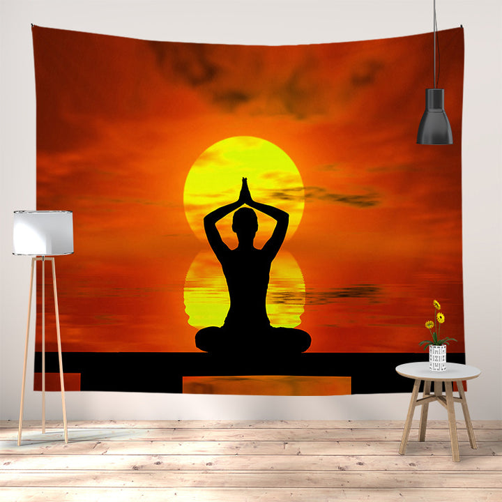 Meditation Yoga Sunset Tapestry Wall Hanging with Silhouette Print