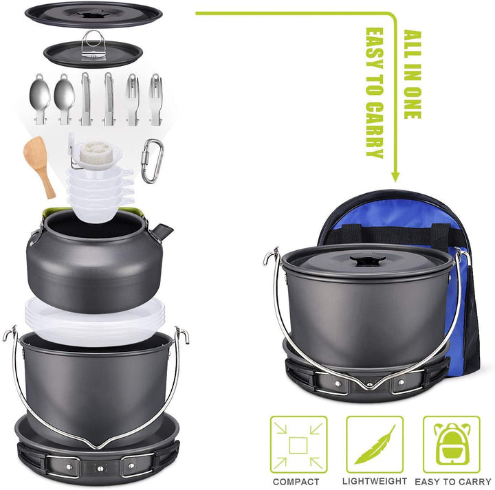 ultralight anodized aluminum camping cookware set with folding-handle kettle nesting pot and compact utensil kit Stornfield