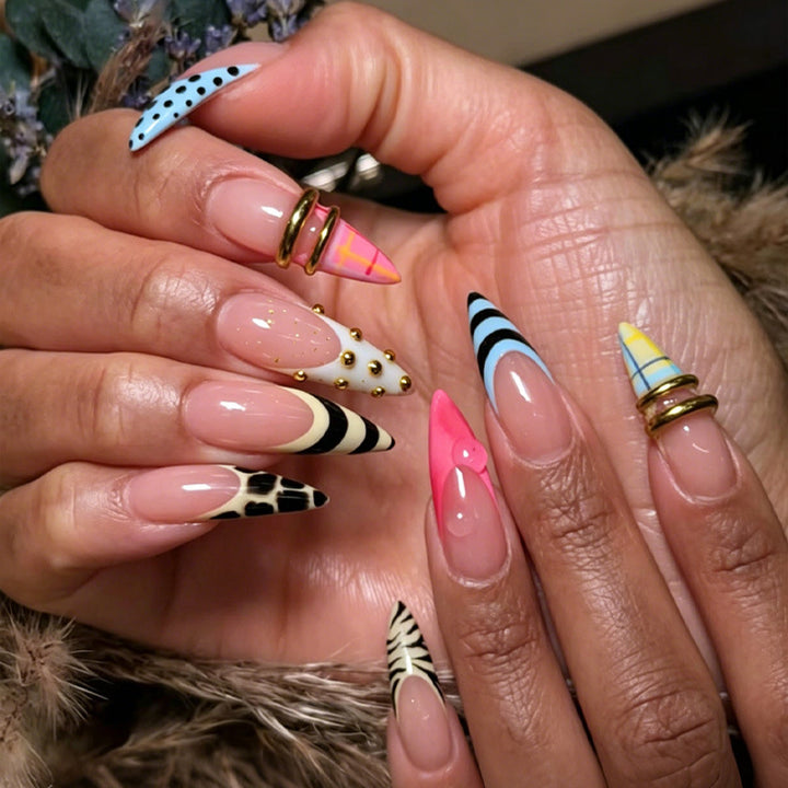 Acrylic nail set with trendy geometric and modern designs Stornfield