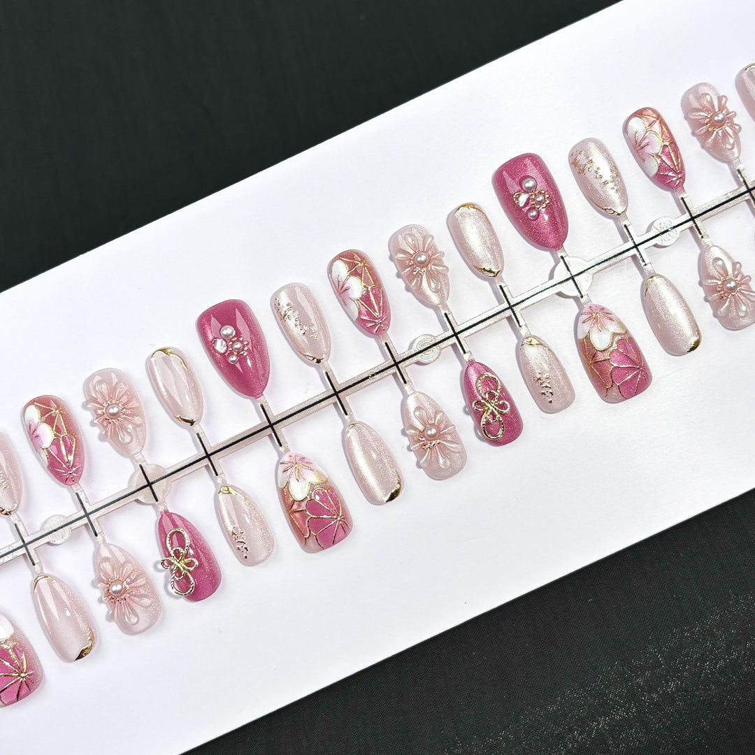 Decorative Press-On Nail Set with Floral and Jewel Accents