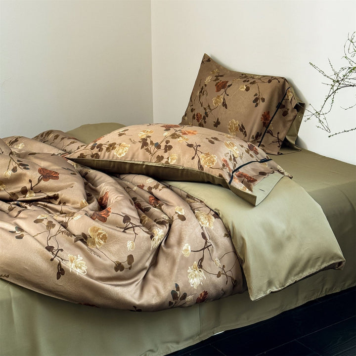 Designer bedding set in toile style with ruffle and silky matte cotton satin