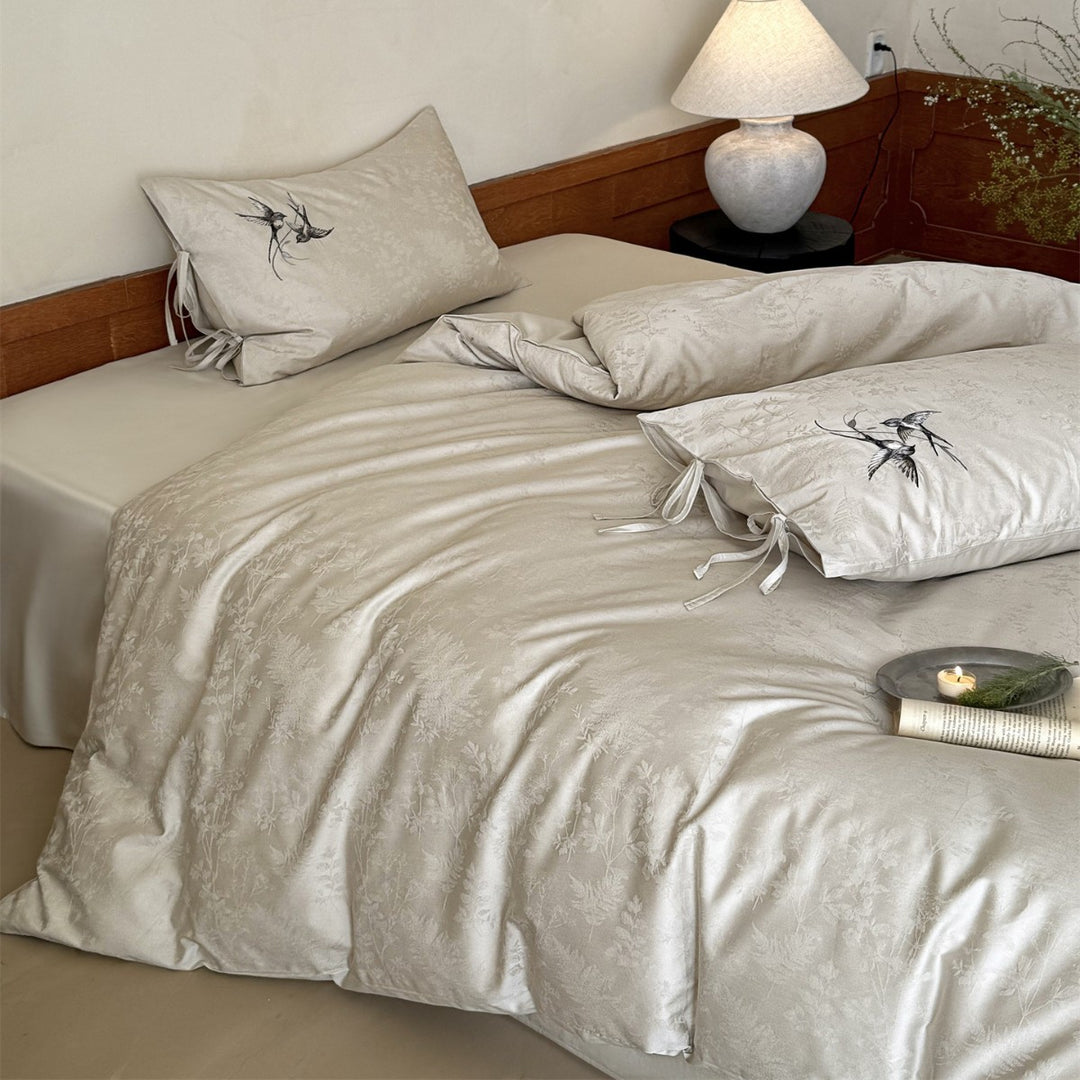 Jacquard Satin-Feel Duvet Cover Set with Embroidered Swallow & Tie-Closure Pillowcases