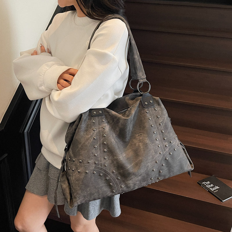 Stylish Suede Tote Handbag with Decorative Studs