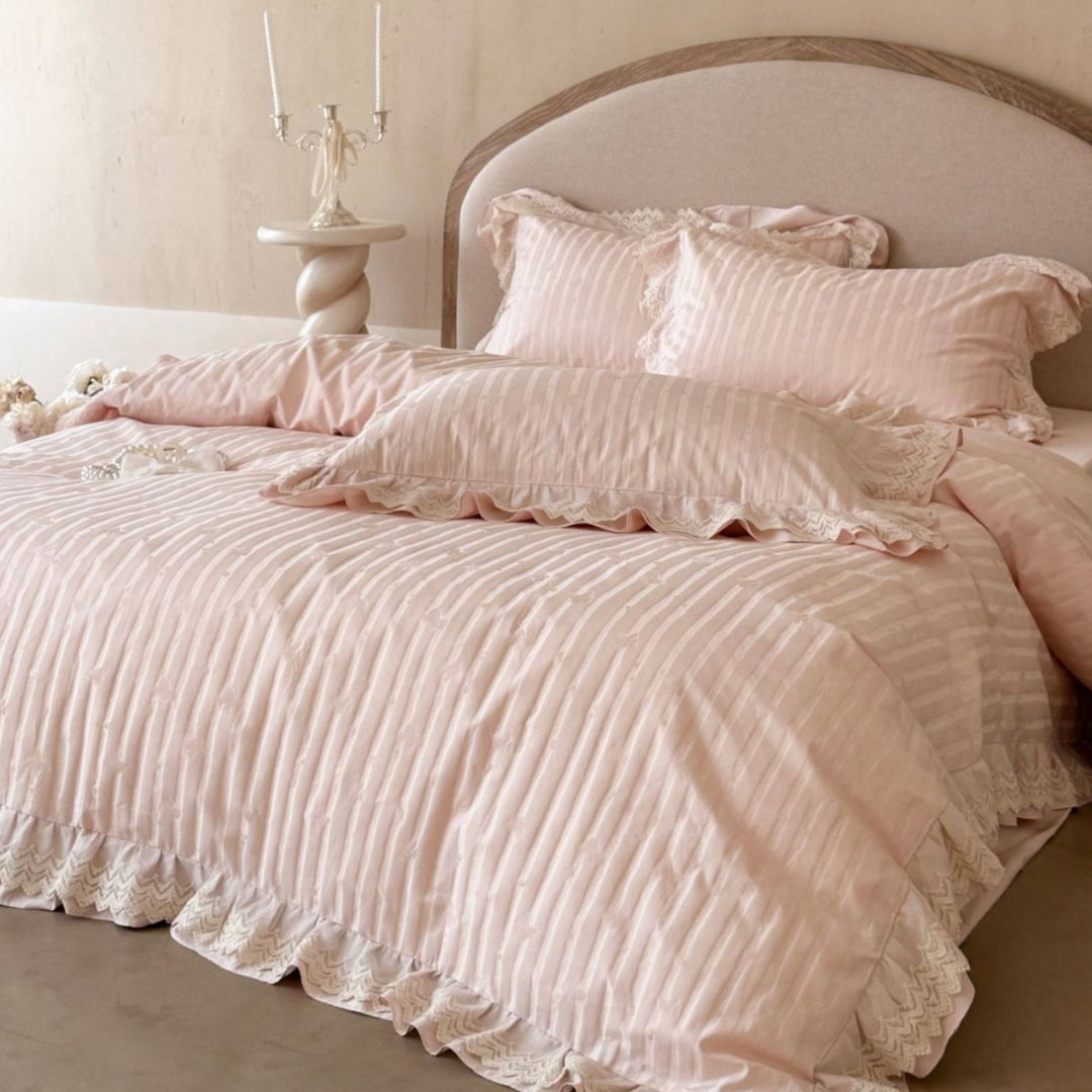 Ruffled Lace-Trim Cotton Sateen Striped Duvet Cover Set