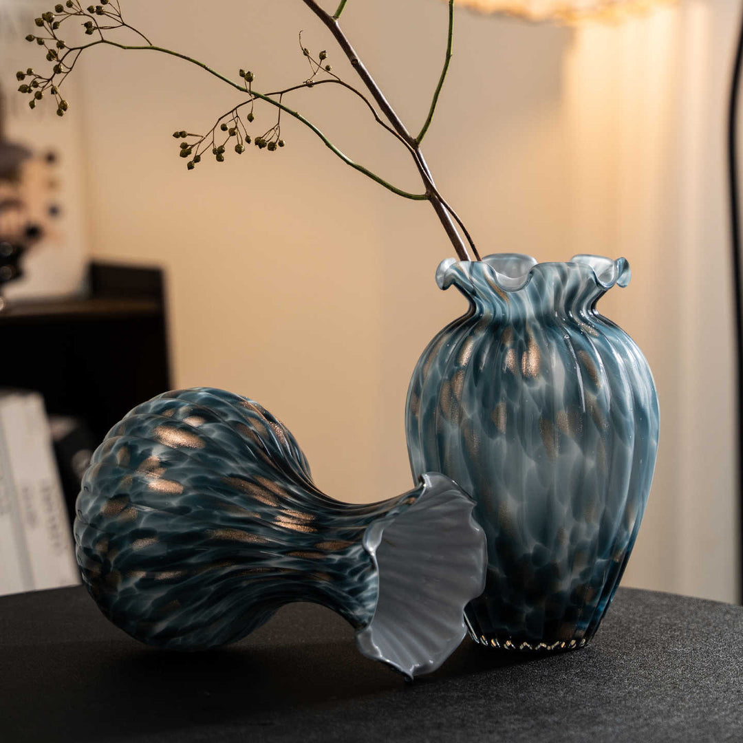 Handblown Sculptural Rippled Bulb Vase with Ruffled Neck Stornfield