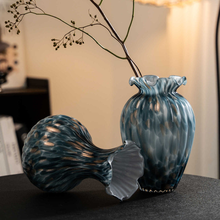Handblown Sculptural Rippled Bulb Vase with Ruffled Neck Stornfield