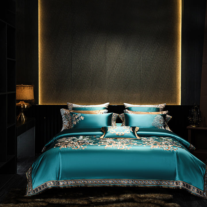 Luxury Embroidered Satin Jacquard Duvet Cover Set with Decorative Shams