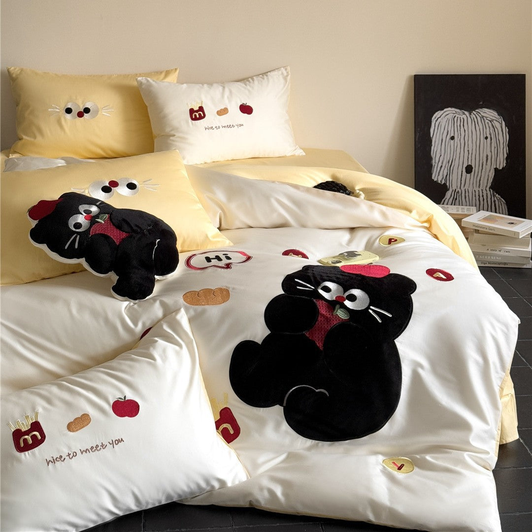 Cartoon Appliqué Plush Cat Duvet Cover Set with Micro‑Sateen Reversible Back & Pillow Shams