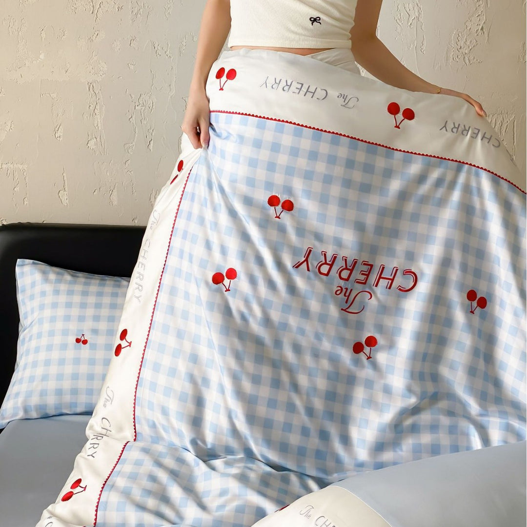 Pastel Gingham Cherry Embroidered Bedding Duvet Cover Set with Satin-Edge Pillow Shams