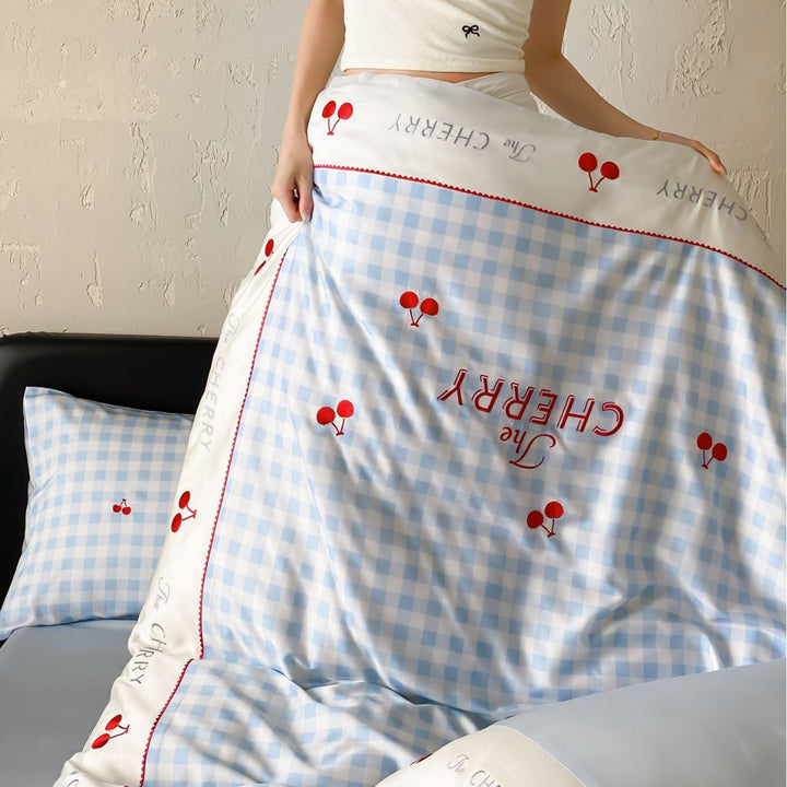 Pastel Gingham Cherry Embroidered Bedding Duvet Cover Set with Satin-Edge Pillow Shams