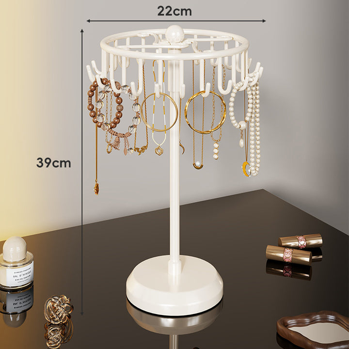 Tiered Rotating Jewelry Organizer Tree Stand with Multi-Arm Hooks and Ring Dish