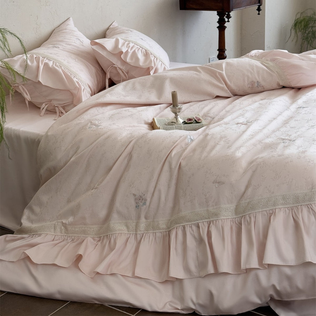 Ruffled Skirted Floral Jacquard Duvet Cover Set with Lace-Trim Tie Shams