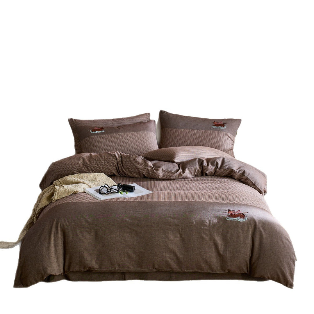 Embroidered Linen-Feel Duvet Cover Set with Striped Panel and Dog Motif