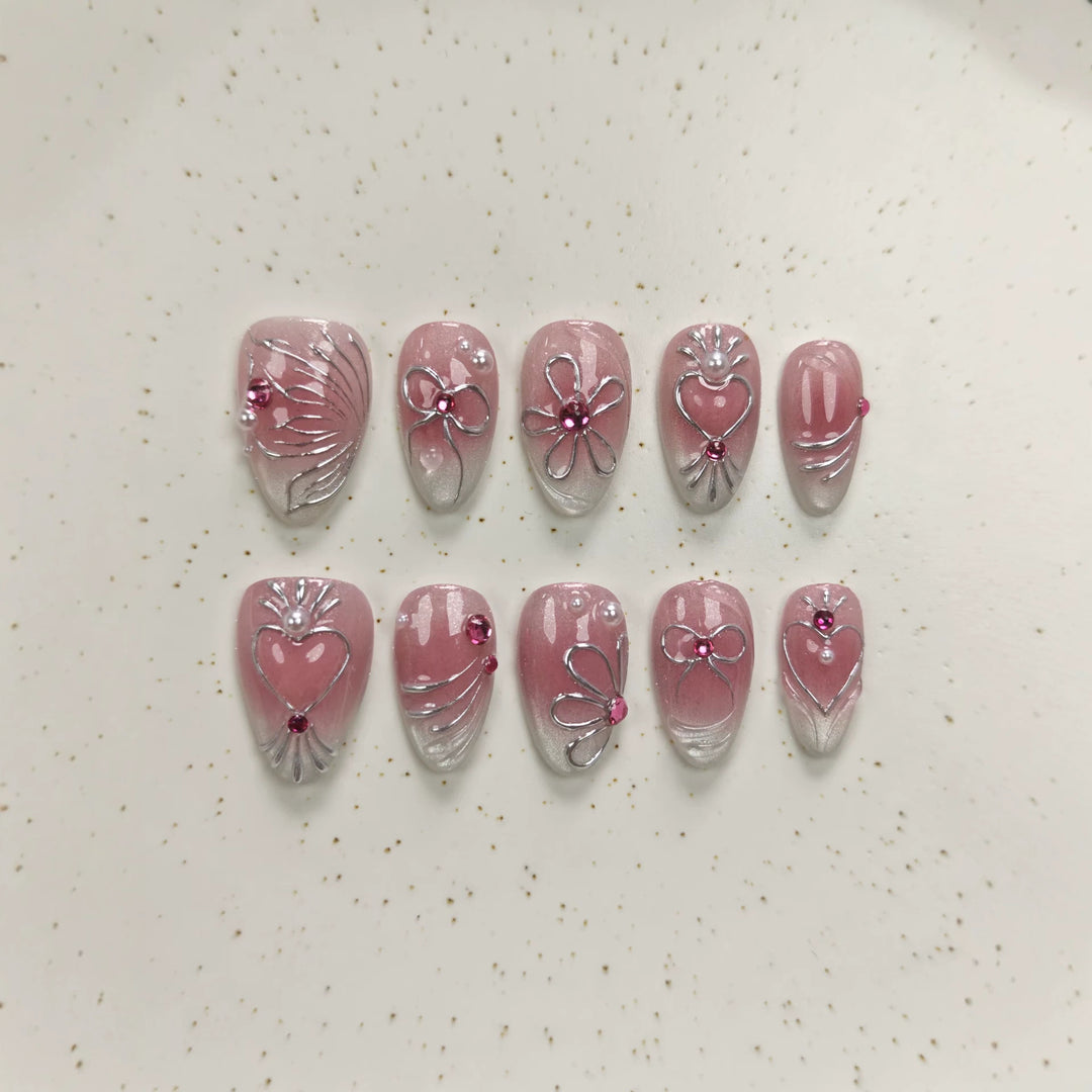 Decorative Press-On Nails Set with Floral and Gem Accents