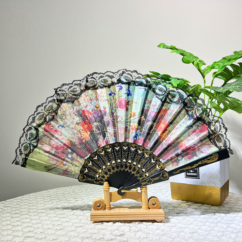 Ladies Elegant Hand Fan with Floral Design and Lace Edges Stornfield