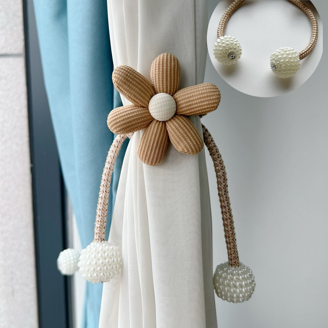 Decorative Magnetic Curtain Tieback with Fabric Flower and Pearl Bead Tassels
