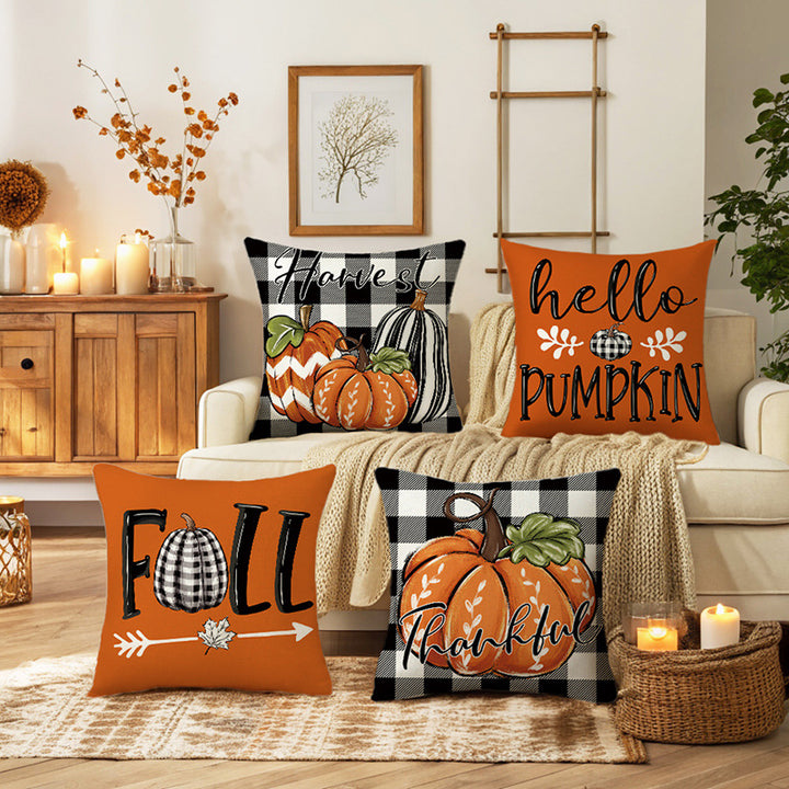 Decorative Throw Pillow Cover Autumn Pumpkin Thankful Buffalo Check Accent Case