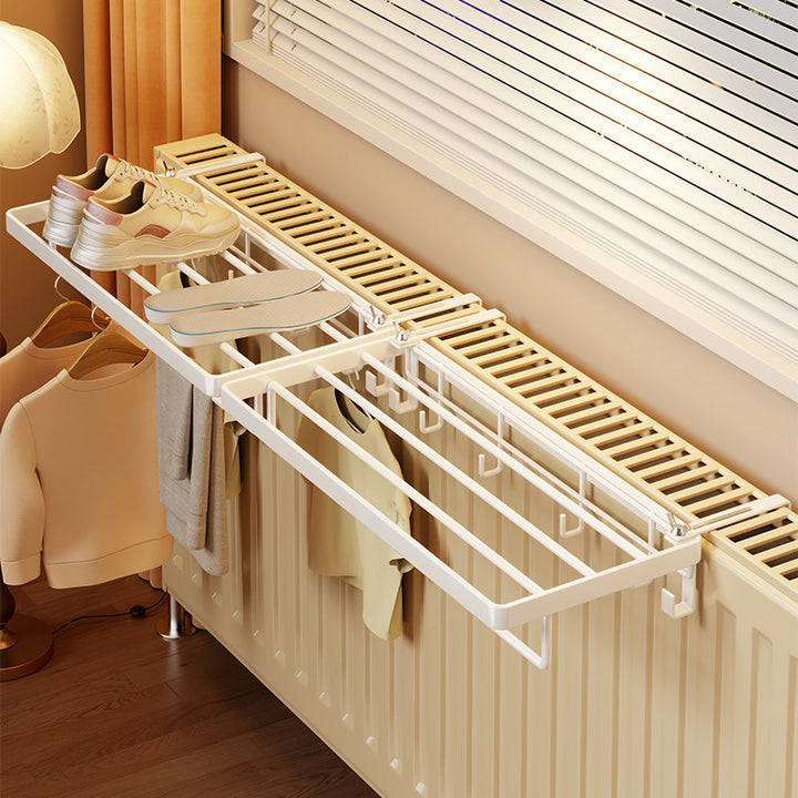 Radiator-Mounted Foldable Drying Rack with Shoe Shelf and Multi-Hook Garment Rail