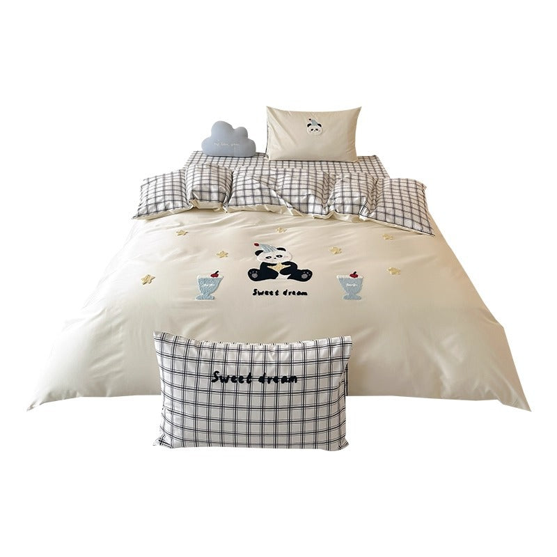 Embroidered Cotton Sateen Duvet Cover Set with Appliqué Bunnies and Polka Dot Pillowcases