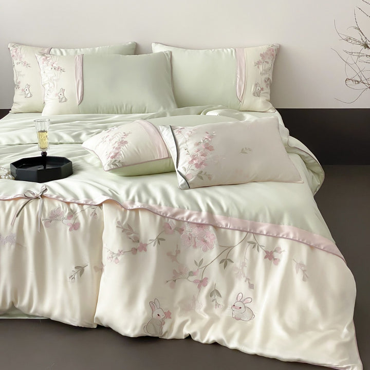 Luxe Satin-Feel Botanical Embroidered Duvet Cover Ensemble with Appliqué Bunnies & Ribbon-Tie Hem